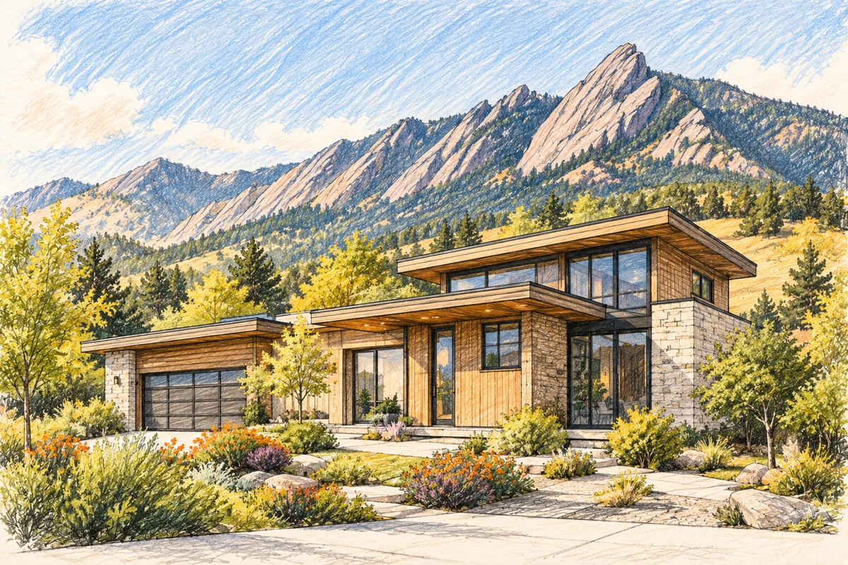 Illustrated house concept with warm wood cladding and a garden
